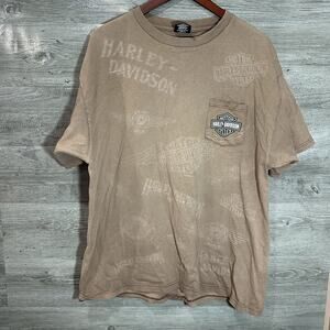 Harley Davidson All Over Print Script Tan T Shirt XL Port Huron Michigan